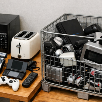 E-Schrottannahme über Theken auf Wertstoffhöfen Tisch mit kleinen Elektrogeräten